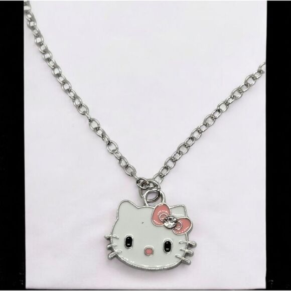 Hello Kitty White Cat Face Necklace Pink Bow Charm Pendant Silver Chain New - Picture 5 of 7